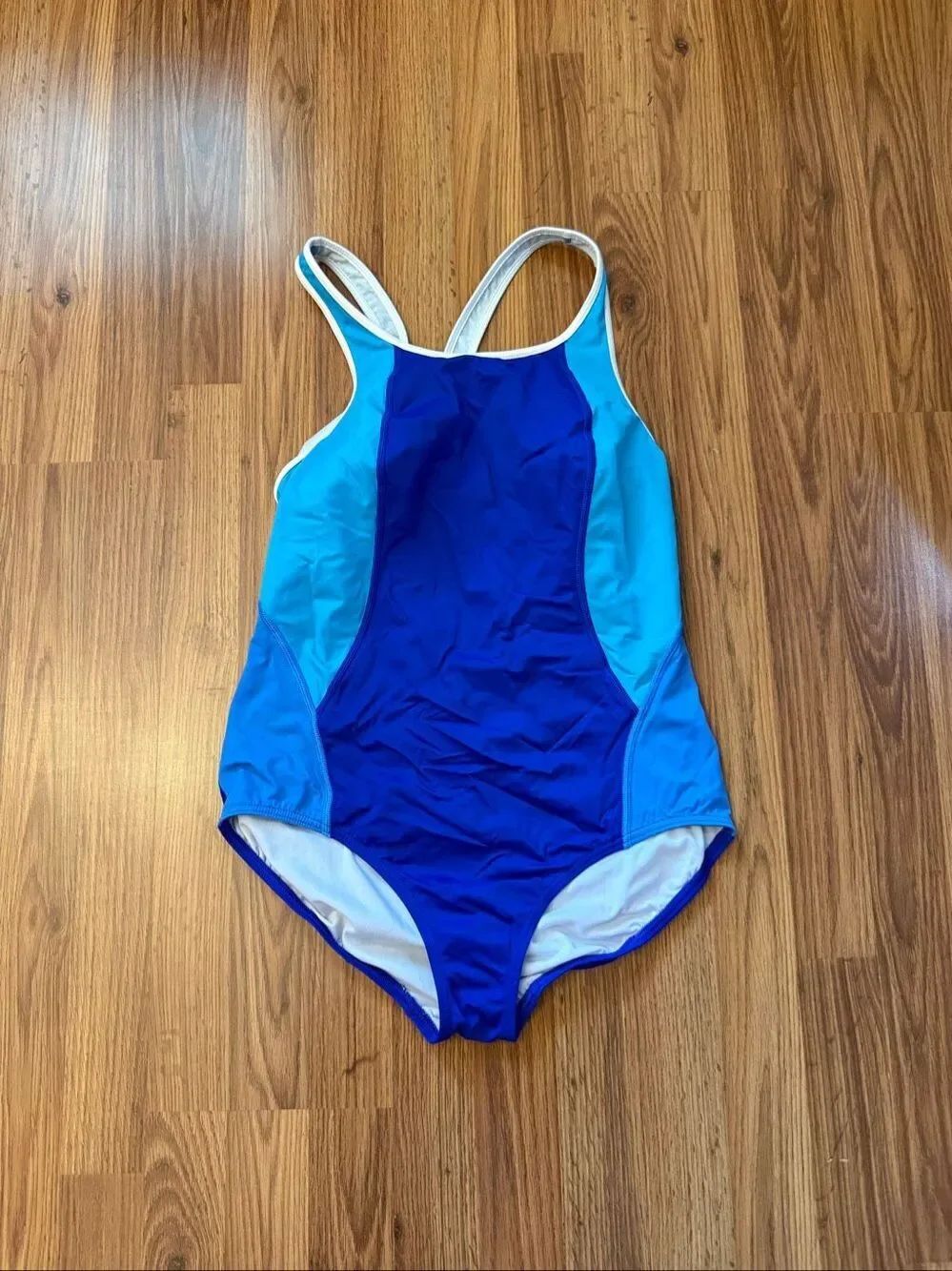 Lands' End Women's Colorblock Athletic Crossback One Piece Swimsuit Blue Size 12